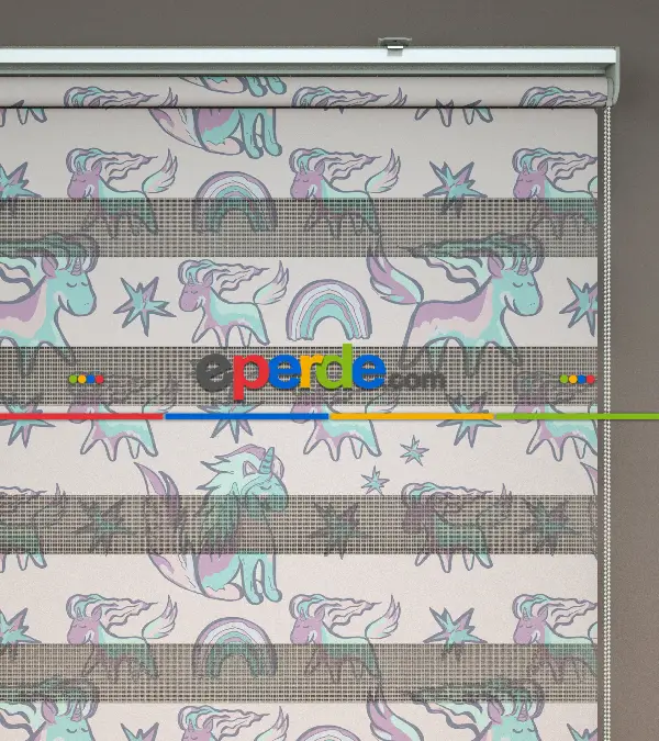 Unicorn Desenli Baskılı Zebra Perde- Çok Renkli
