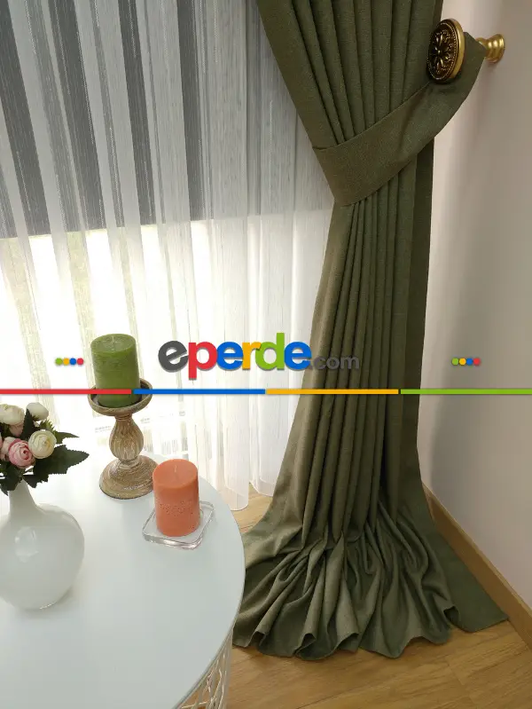 Salon Perdesi - Haki Yeşili - Düz Keten Fon Perde (  Keten Fon Perde)- Yeşil