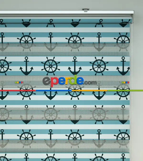 Çapa Baskılı Zebra Perde- Siyah-mavi-beyaz