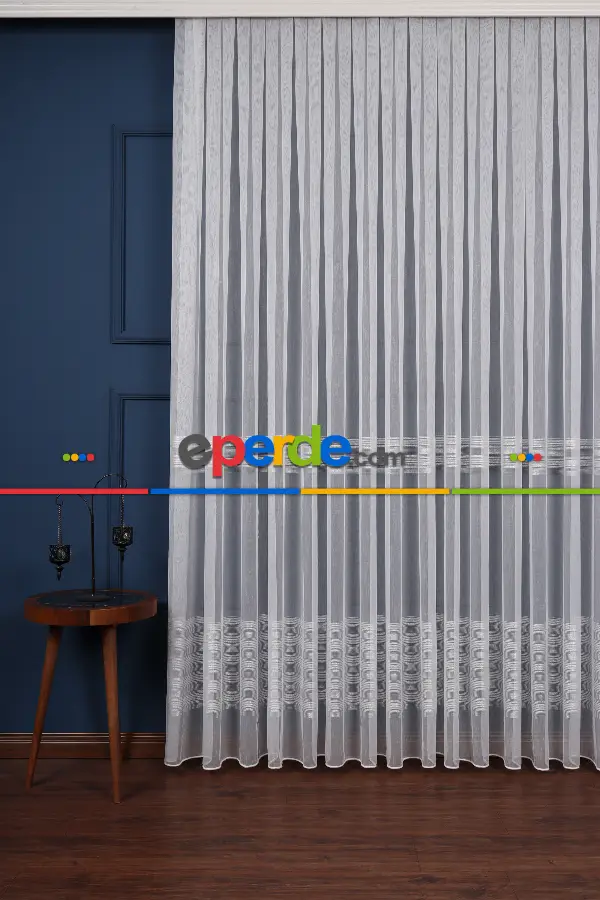 Enine Bantlı Simli Düz Tül Perde Ütü Istemez