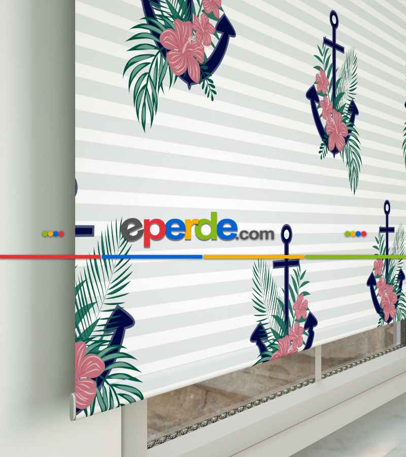 Çapa Desenli Baskılı Stor Perde- Çok Renkli