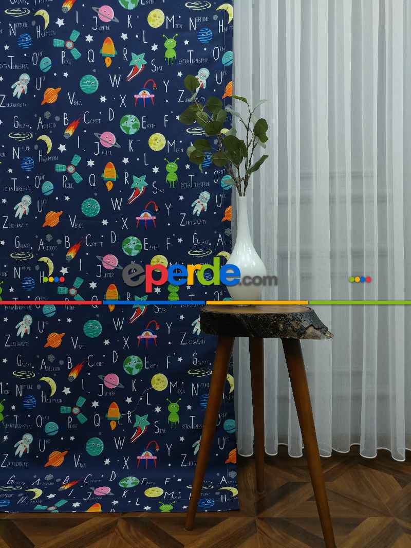 Uzay Desenli Fon Perde Evm833 Kumaşı Kalındır Duck Bezi Değildir- Mavi-Beyaz-Pembe Koyu