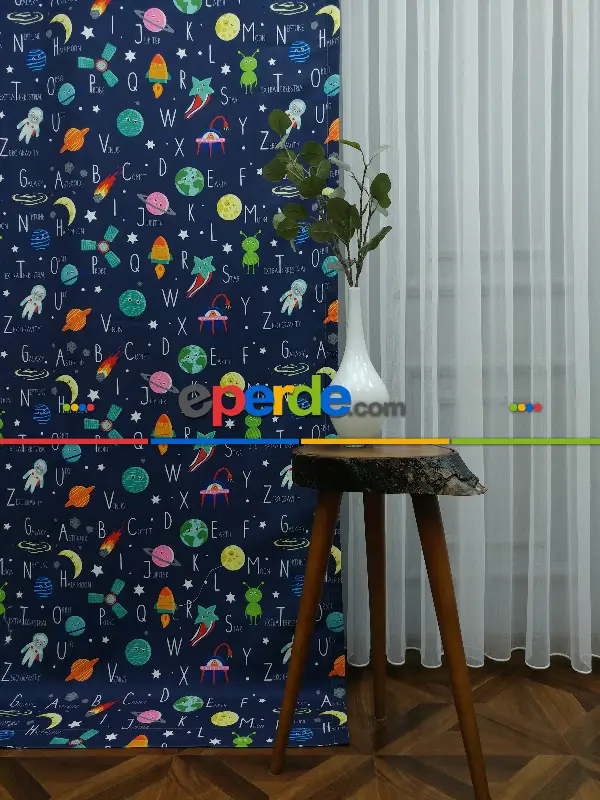 Uzay Desenli Fon Perde Evm833 Kumaşı Kalındır Duck Bezi Değildir- Mavi-Beyaz-Pembe Koyu