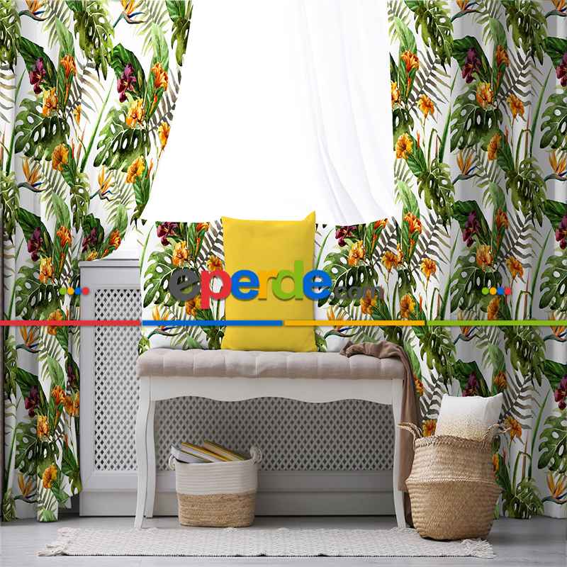 Tropikal Desenli Fon Perde Evim299 Kumaşı Kalındır Duck Bezi Değildir- Mavi-beyaz