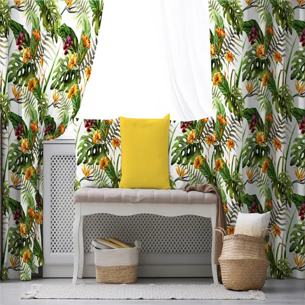 Tropikal Desenli Fon Perde Evim299 Kumaşı Kalındır Duck Bezi Değildir- Mavi-beyaz