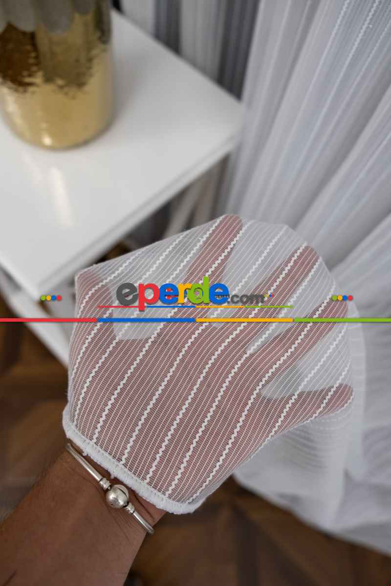 Hazır Ölçülü Simli Çizgili Kurşunlu Tül Perde - Ekru 145cm X 133cm 
