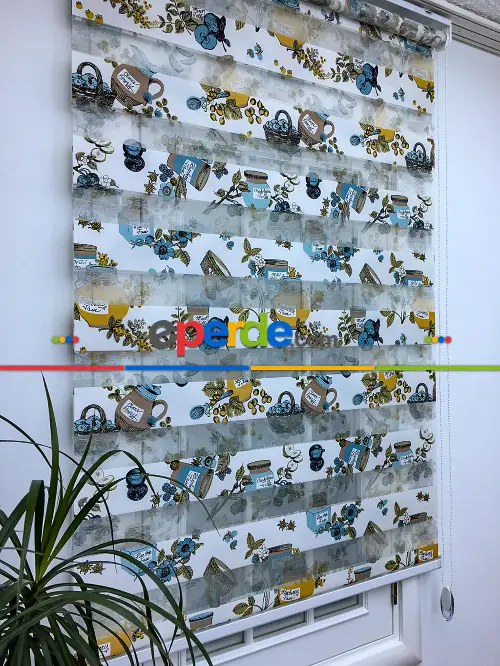 Zebra Perde- Kavanoz Baskılı Zebra Perde- Mavi Açık