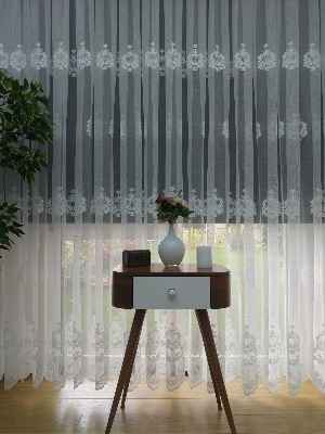 ( Orjinal ) Taç Damask Desen Salon Fransız Dantel Tül Perde & Kruvaze Perde- Ekru