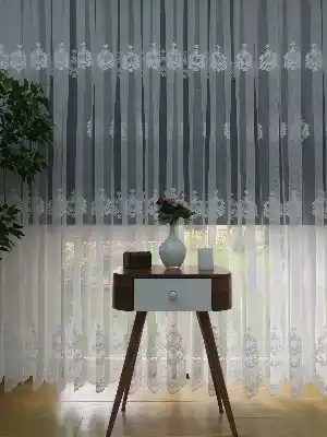 ( Orjinal ) Taç Damask Desen Salon Fransız Dantel Tül Perde & Kruvaze Perde- Ekru