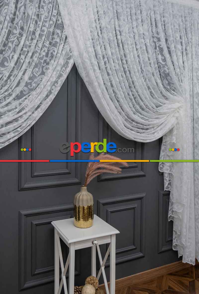 Taç Tül Perde - Tül Perde - Desenli Tül - Örme Tül - Kruvaze Şal Desen Tül Perde