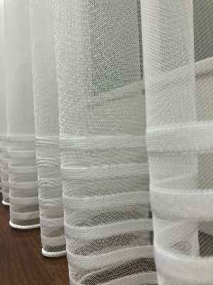 Bantlı Desenli Dantel Tül Perde- Ekru