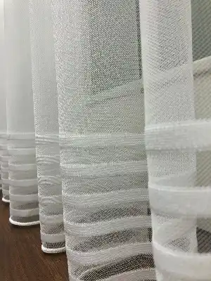 Bantlı Desenli Dantel Tül Perde- Ekru