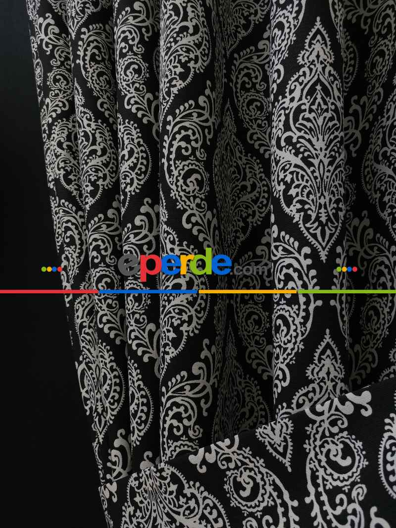 Salon Fon Perde - Damask Desenli Oturma Odası Fon Perde- Siyah