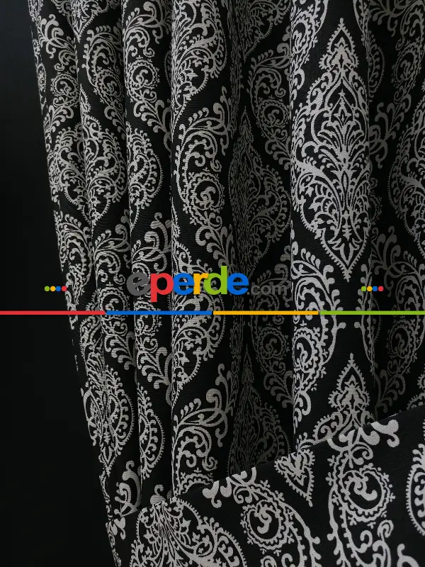 Yatak Odası - Damask Desenli Oturma Odası Fon Perde- Siyah