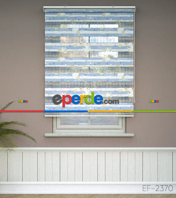 Unicorn Desenli Baskılı Zebra Perde- Çok Renkli