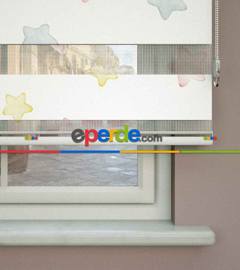 Yıldız Desenli Baskılı Zebra Perde- Çok Renkli