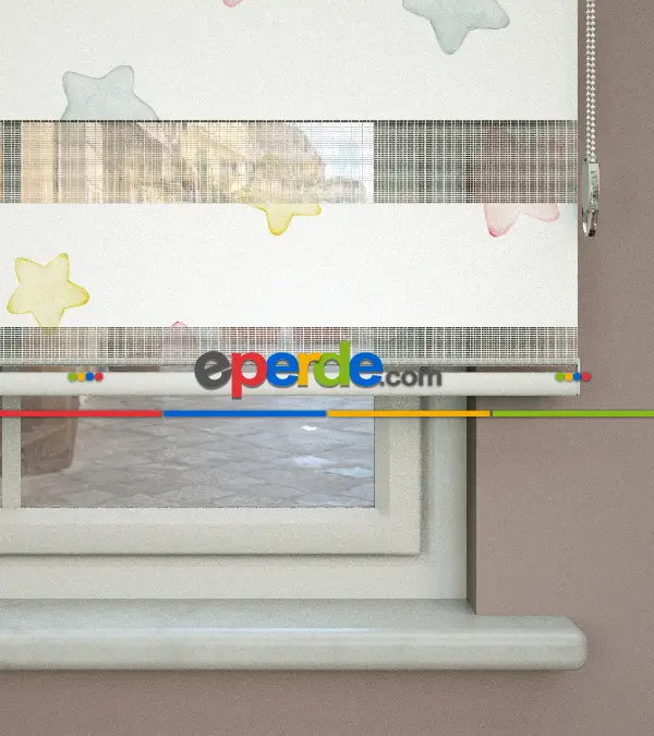 Yıldız Desenli Baskılı Zebra Perde- Çok Renkli