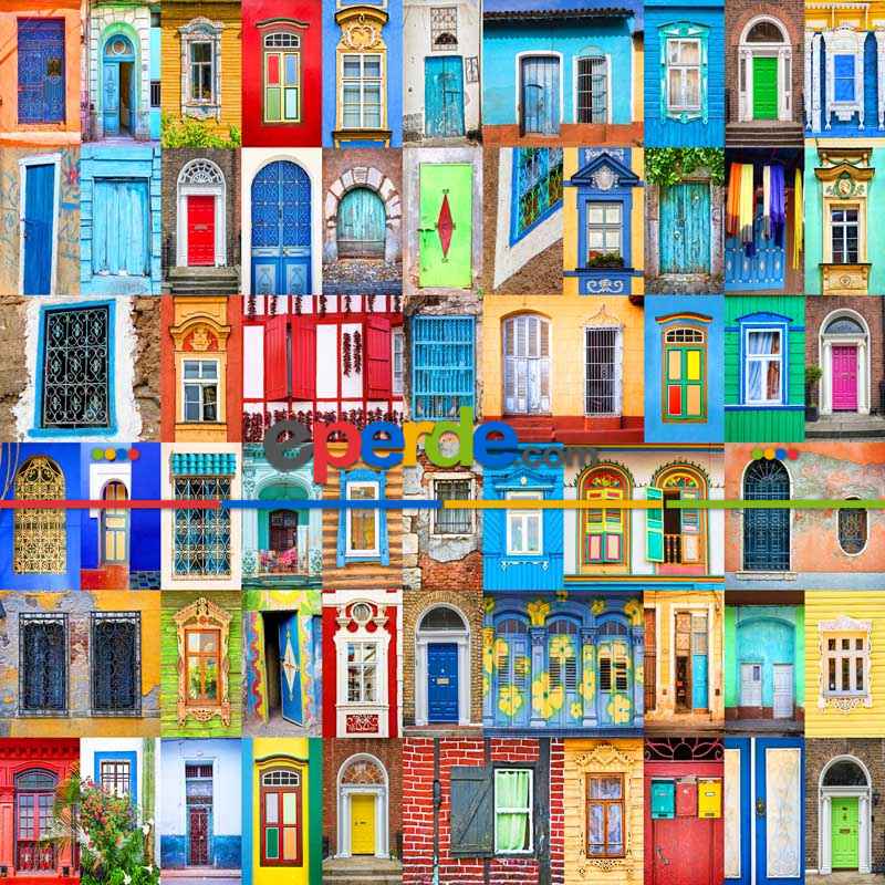 Renkli Kapı Pencere Desenli Fon Perde Evm1070 Kumaşı Kalındır Duck Bezi Değildir- Mavi-Turuncu-Kırmızı Açık- Çok Renkli 3