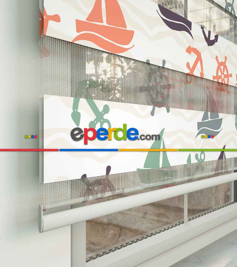 Bebek Odası Zebra Perde - Tekne Ve Çapa Baskılı Zebra Perde- Gri-Füme-Antrasit-Beyaz-Turuncu-Mor Patlıcan Moru-Su Yeşili