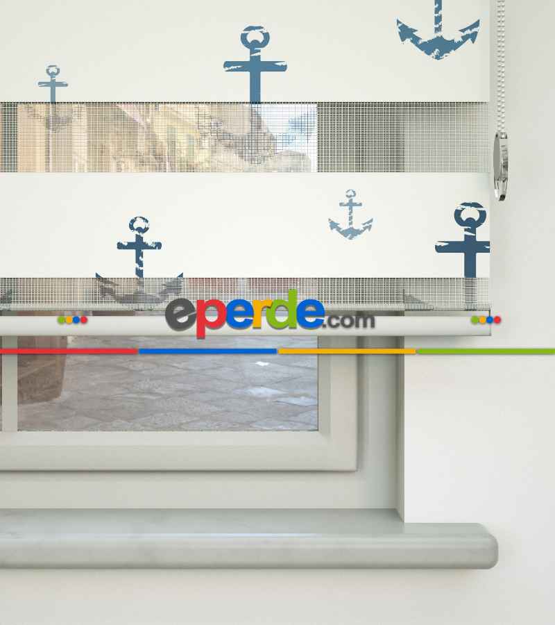 Bebek Odası Zebra Perde - Çapa Desen Baskılı Zebra Perde- Çok Renkli