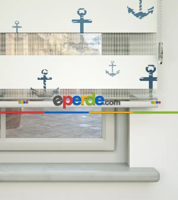 Bebek Odası Zebra Perde - Çapa Desen Baskılı Zebra Perde- Çok Renkli