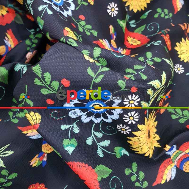 Çiçek Desenli Fon Perde Evm462 - Kumaşı Kalındır Duck Bezi Değildir.- Siyah-Kırmızı-Siyah Kırmızı-Çok Renkli