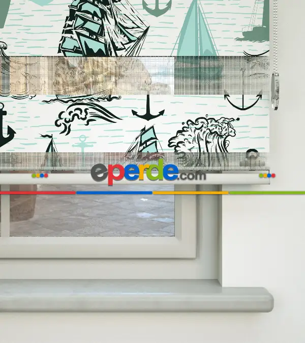 Denizci Desen Baskılı Zebra Perde- Siyah-su Yeşili