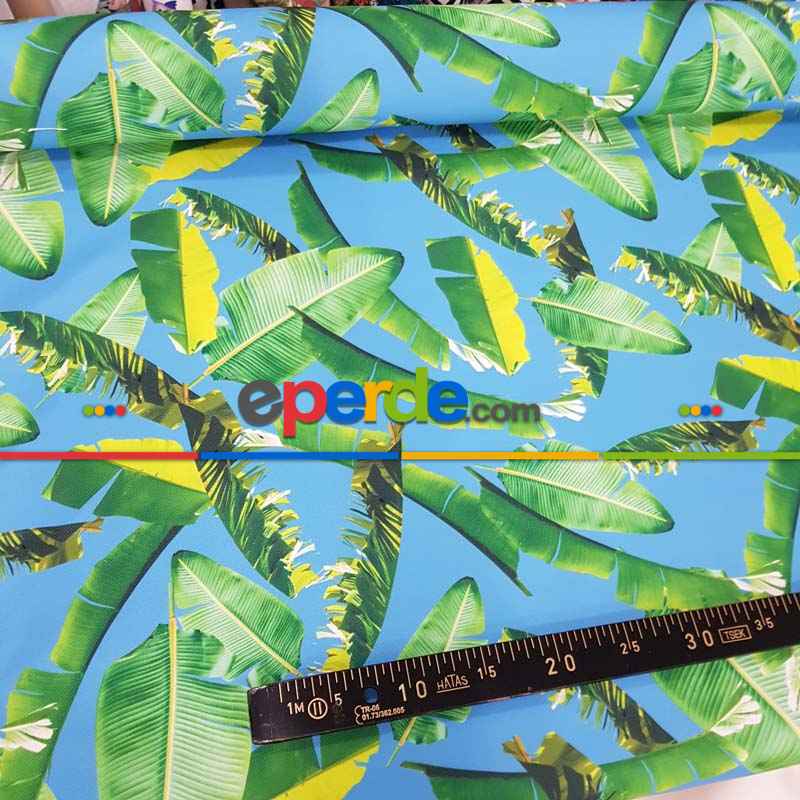 Tropikal Desenli Fon Perde Evm436 -t - Kumaşı Kalındır Duck Bezi Değildir.- Yeşil-Mavi