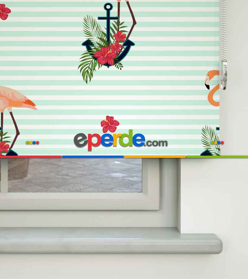 Çocuk Odası Stor Perde - Çapa Ve Flamingo Desenli Baskılı Stor Perde- Çok Renkli