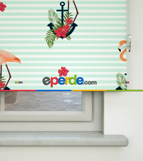 Bebek Odası Stor Perde - Çapa Ve Flamingo Desenli Baskılı Stor Perde- Çok Renkli