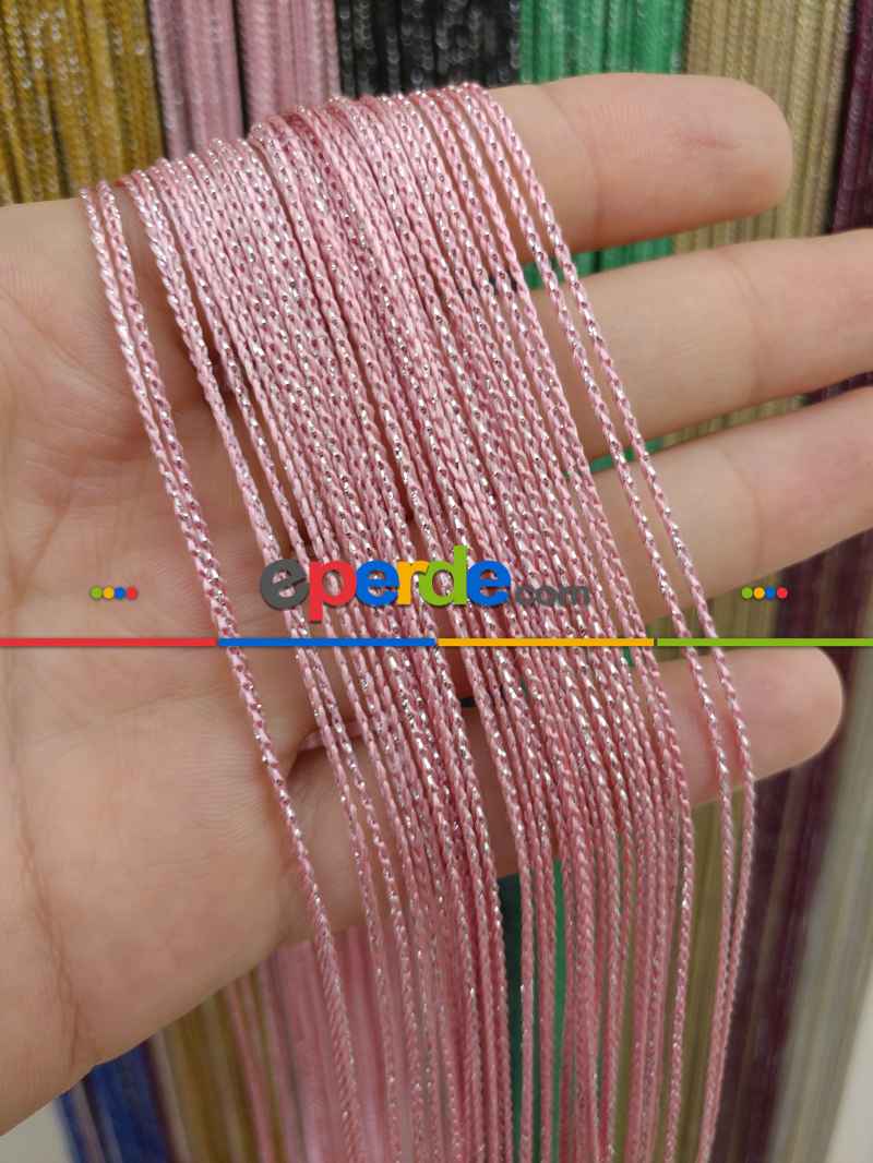 Pembe Rengi İp Perde İnce Zincir Simli Serisi- Pembe-gümüş