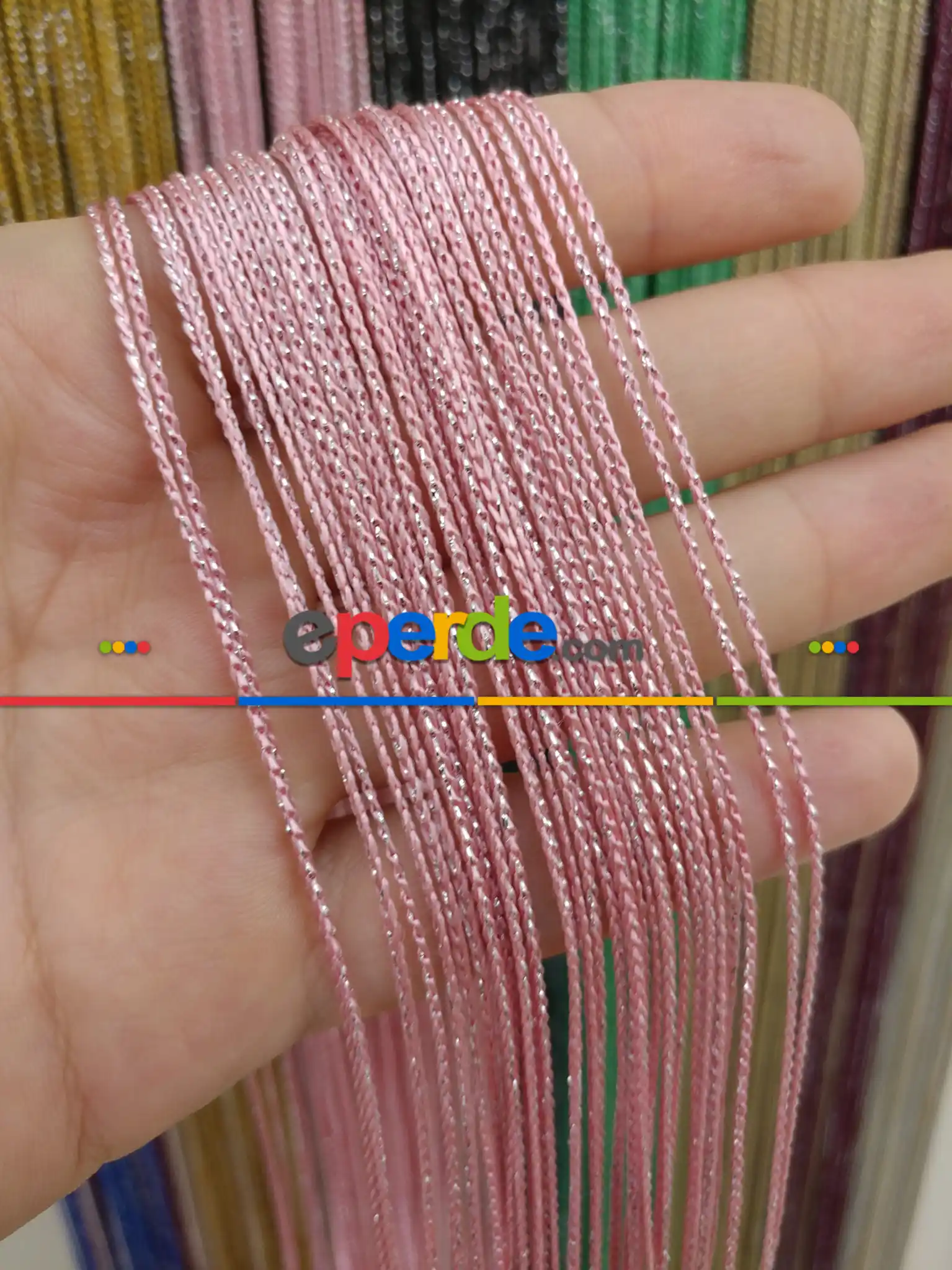 Pembe Rengi İp Perde İnce Zincir Simli Serisi- Pembe-gümüş