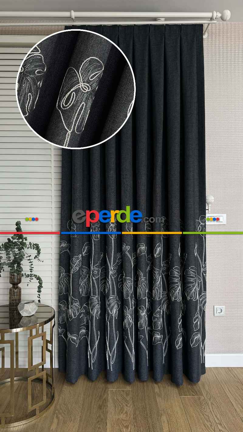 Antrasit Gri Palmiye Yaprak Desen Premium Keten Jakar Dokuma Nakışlı Pano Fon Perde - Gramajlı 2025