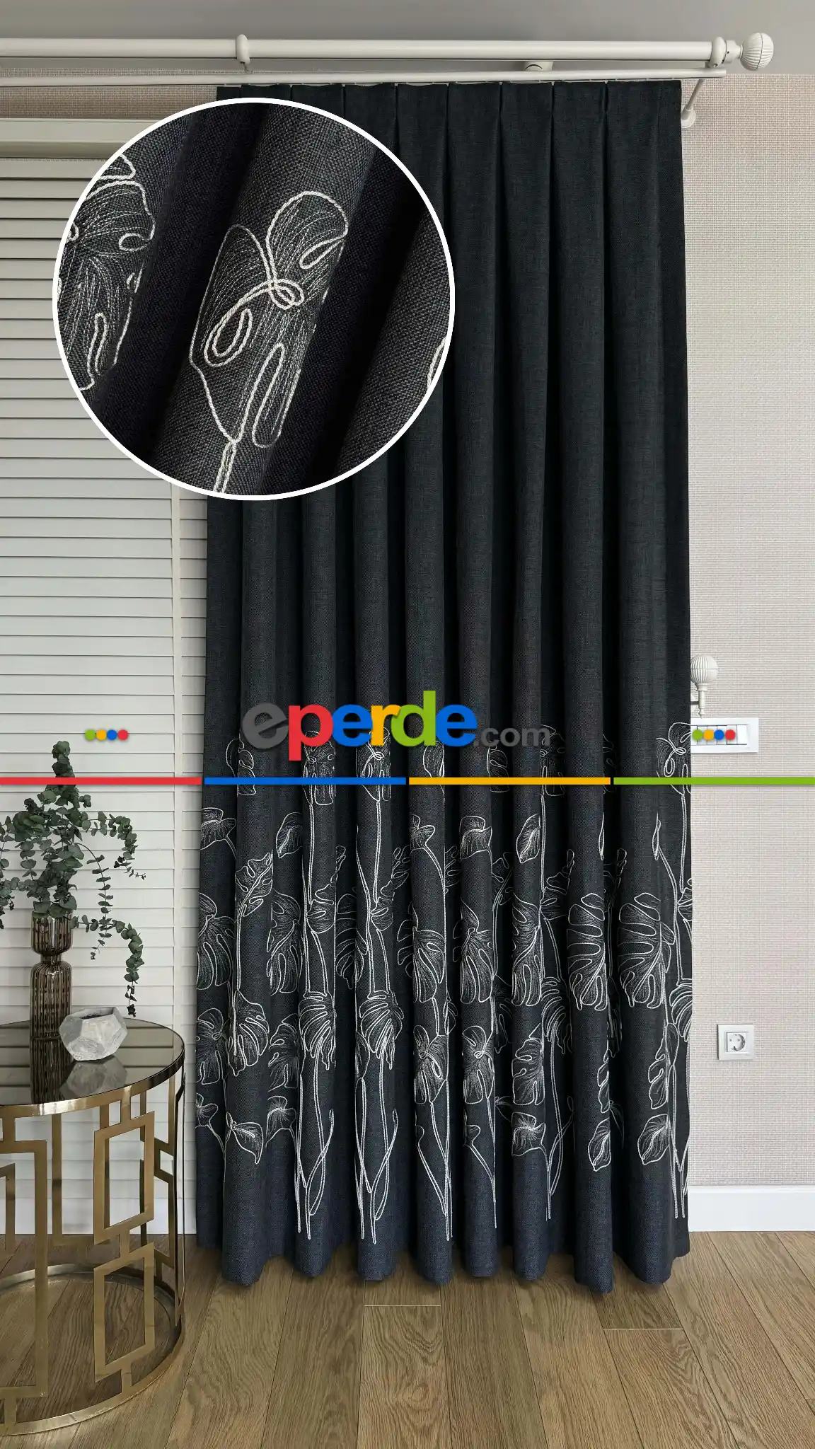 Antrasit Gri Palmiye Yaprak Desen Premium Keten Jakar Dokuma Nakışlı Pano Fon Perde - Gramajlı 2025