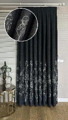 Antrasit Gri Palmiye Yaprak Desen Premium Keten Jakar Dokuma Nakışlı Pano Fon Perde - Gramajlı 2025