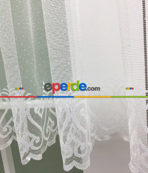 Etek Ucu Desenli Dantel Tül Perde- Ekru