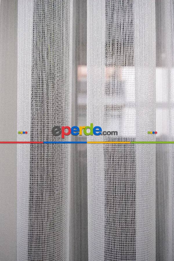 Mutfak - Çizgili Düz Tül Perde - Altın Simli Tül - Ütü İstemez