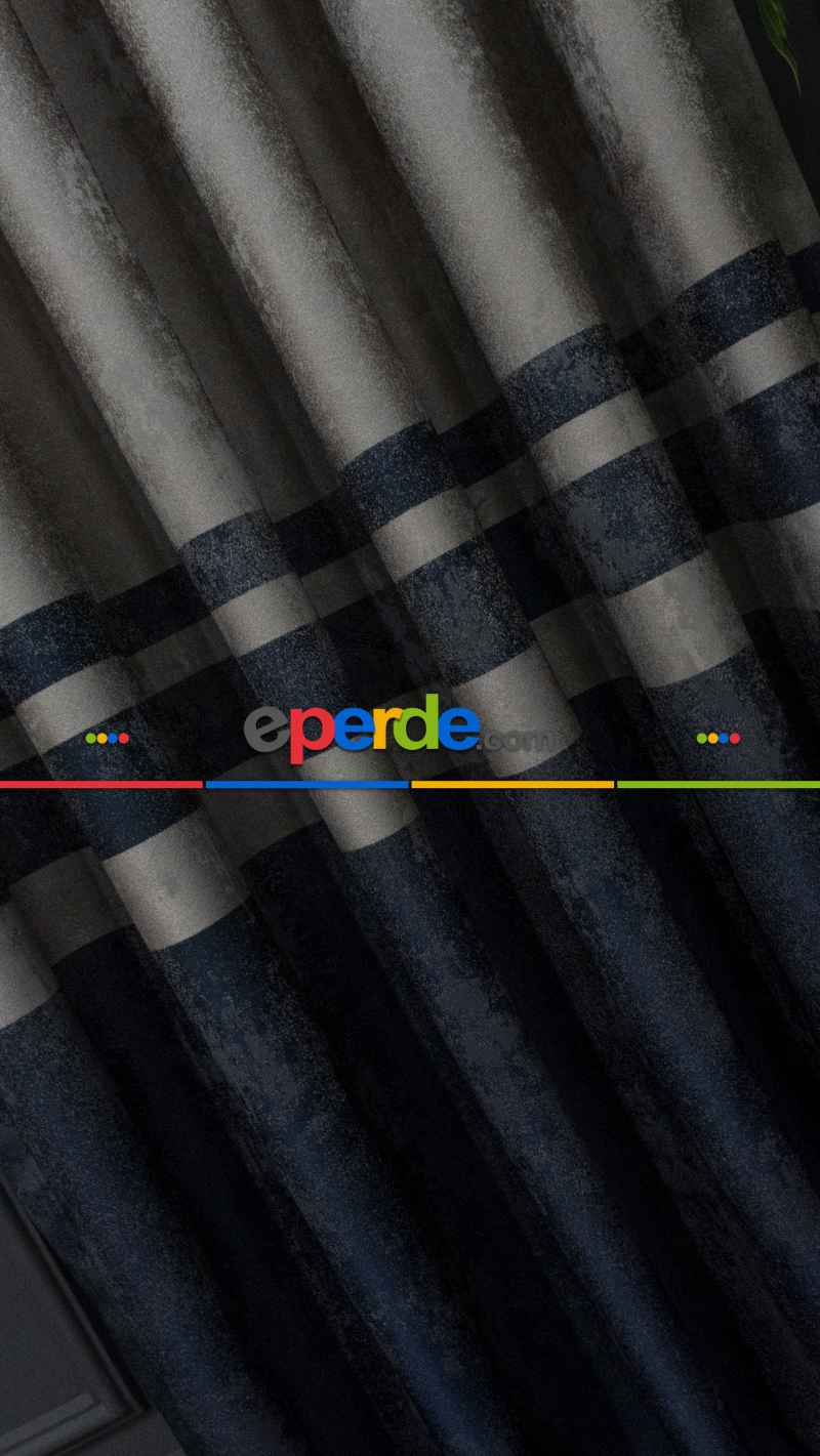 1. Sınıf Jakarlı Pano Fon Perde - Gri Lacivert Bantlı