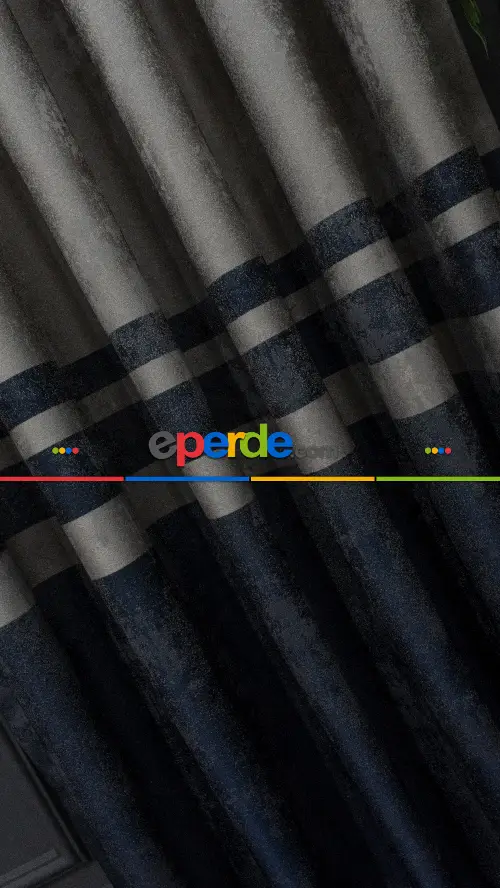 1. Sınıf Jakarlı Pano Fon Perde - Gri Lacivert Bantlı