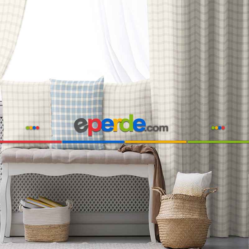 Kız ve Erkek Bebek Odası Fon Perde - Krem Bej - Ekose Desenli