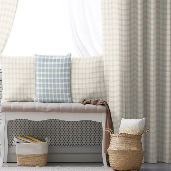 Kız ve Erkek Bebek Odası Fon Perde - Krem Bej - Ekose Desenli