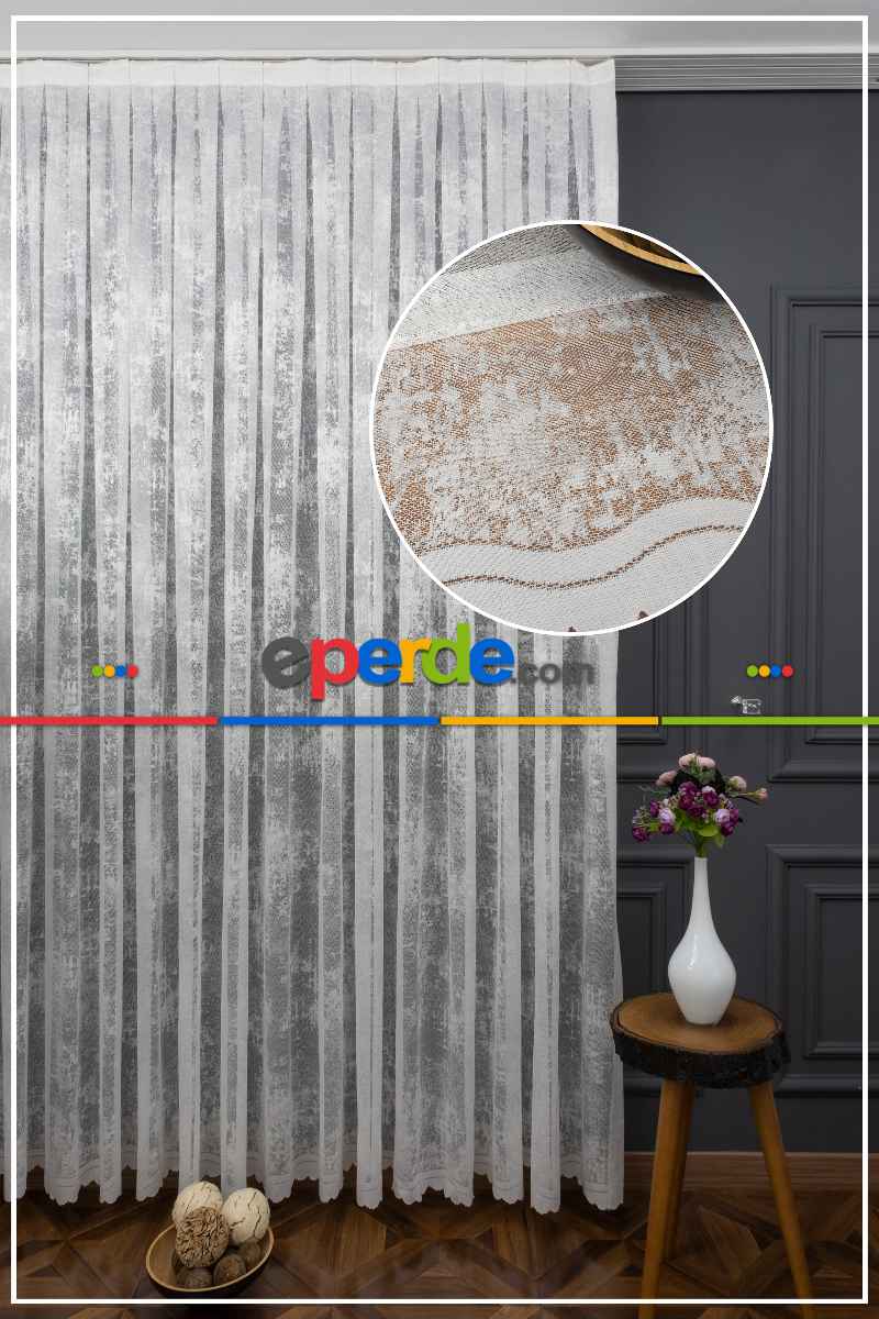 Oturma Odası - Patine Desenli Özel Örgülü Örme Tül - Ekru