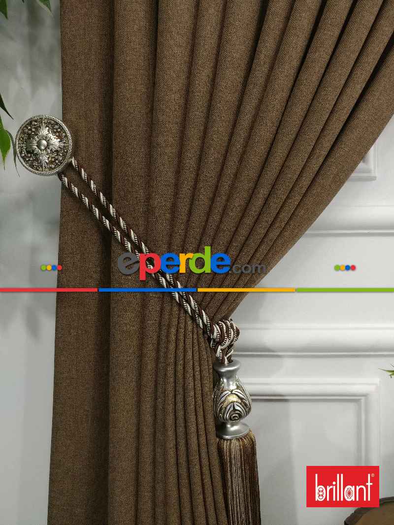 Brillant Keten Kahve Renk Düz Fon Perde - Kahve Açık