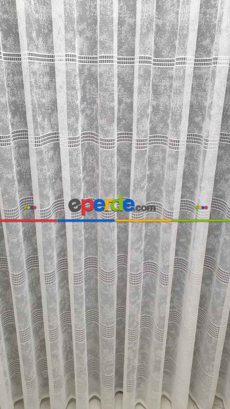 Spor Desen Tül Perde - Karlı Kareli Geometri Desenli - Ekru Açık Krem - Örme Tül