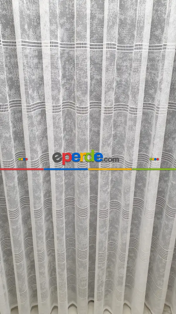 Spor Desen Tül Perde - Karlı Kareli Geometri Desenli - Ekru Açık Krem - Örme Tül