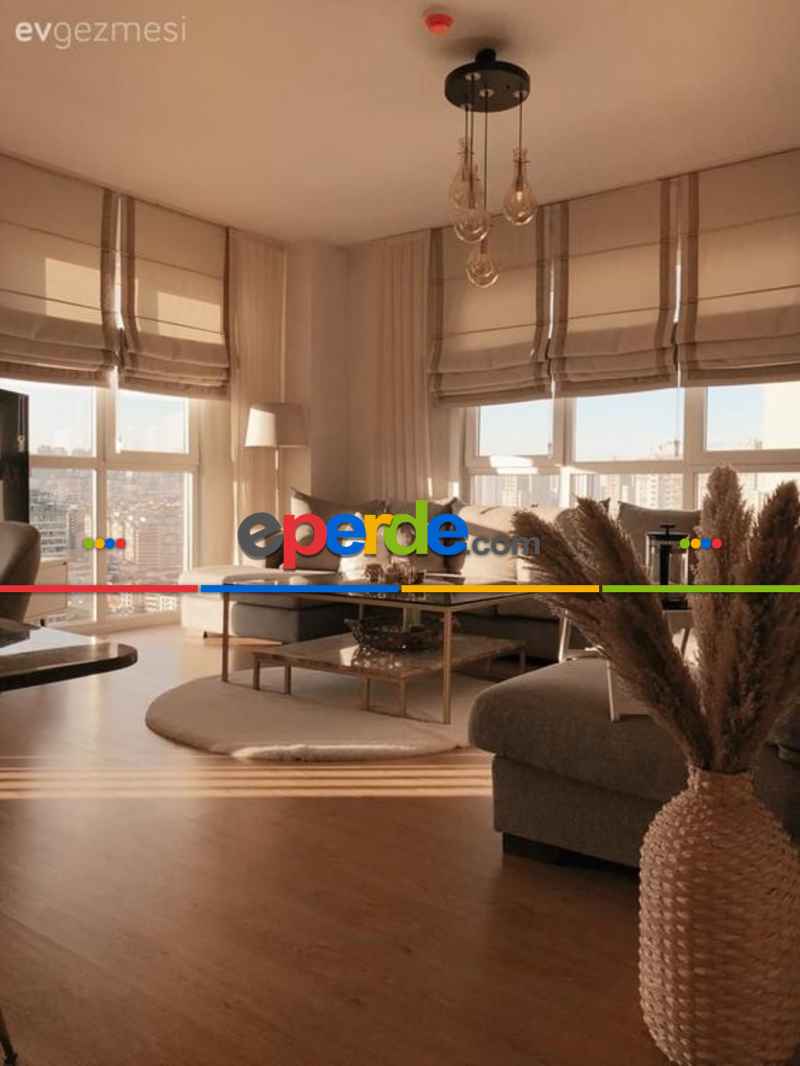 Salon - Yakamoz Rengi Keten Zemin Üzerine Sütlü Kahve Biyeli Katlamalı Perde