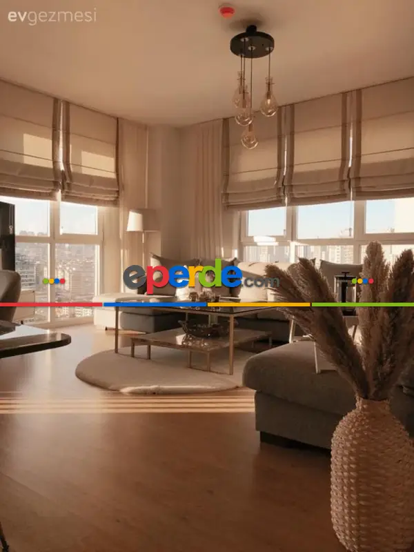 Salon - Yakamoz Rengi Keten Zemin Üzerine Sütlü Kahve Biyeli Katlamalı Perde