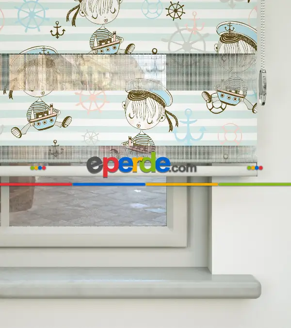 Bebek Odası Zebra -  Denizci Desenli Baskılı Zebra Perde- Çok Renkli