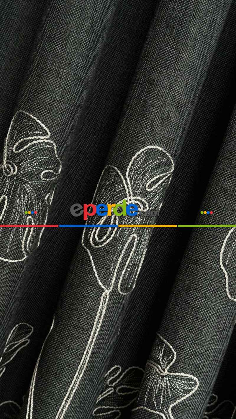 Antrasit Gri Palmiye Yaprak Desen Premium Keten Jakar Dokuma Nakışlı Pano Fon Perde - Gramajlı 2025