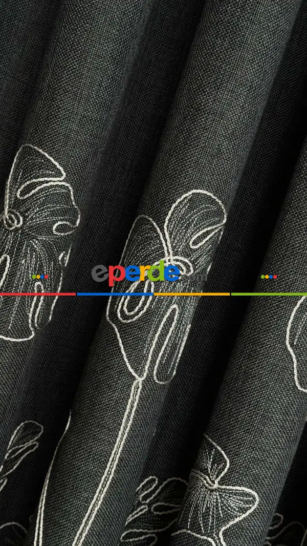 Antrasit Gri Palmiye Yaprak Desen Premium Keten Jakar Dokuma Nakışlı Pano Fon Perde - Gramajlı 2025